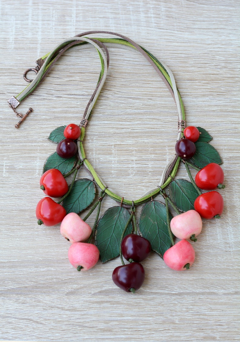 Cherry necklace Red cherries jewelry Boho necklace red Bohemian jewelry Statement fruits Chunky necklace bib Spring fruit jewelry for girls necklace