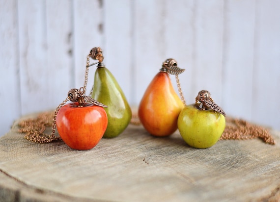 Fruit charm pendant Cottagecore necklace Long boho necklace Vegan jewelry Apple Pear pendant Cottagecore fairy Aesthetic Nature lovers gift