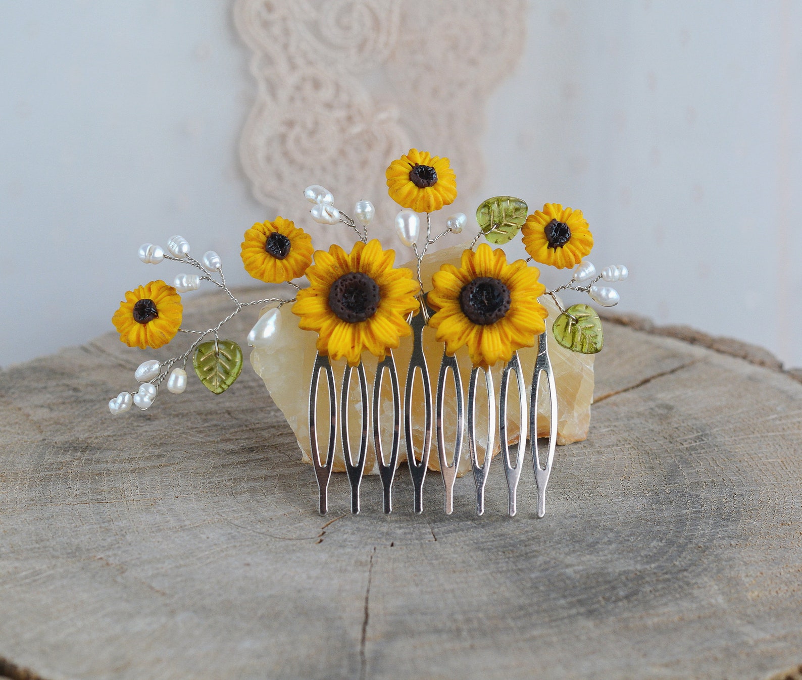 Sunflower Hair Comb Wedding Bridal Yellow Flowers Pearl Etsy