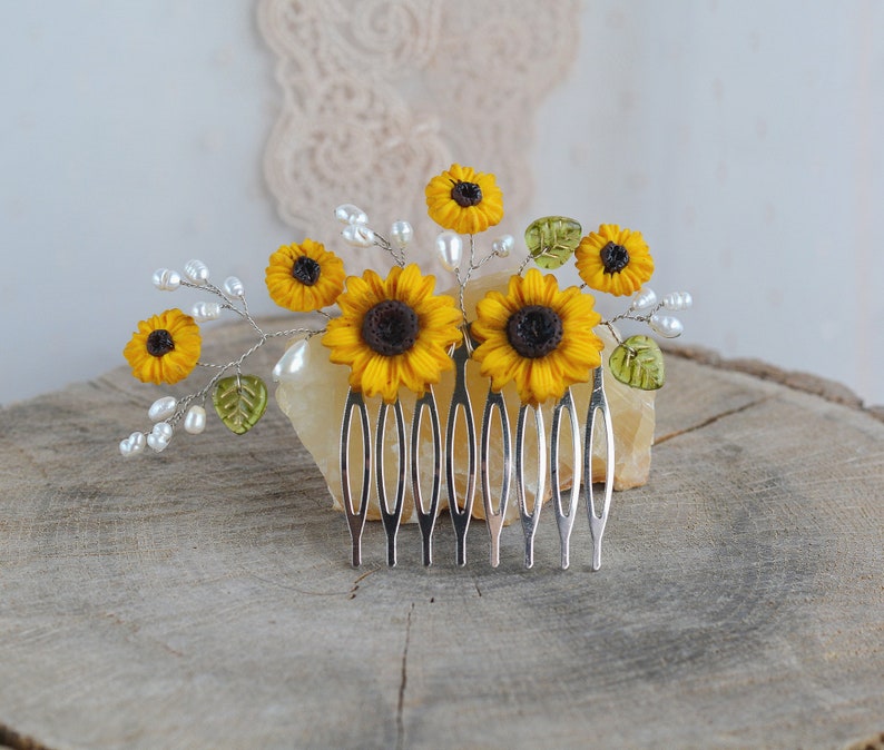 Sunflower hair comb Wedding Bridal Yellow Flowers Pearl Decorative Hair Piece Bridal wedding accessory Hair jewelry floral Bridal headpiece image 6