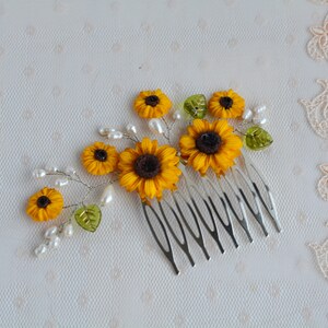 Sunflower hair comb Wedding Bridal Yellow Flowers Pearl Decorative Hair Piece Bridal wedding accessory Hair jewelry floral Bridal headpiece image 2