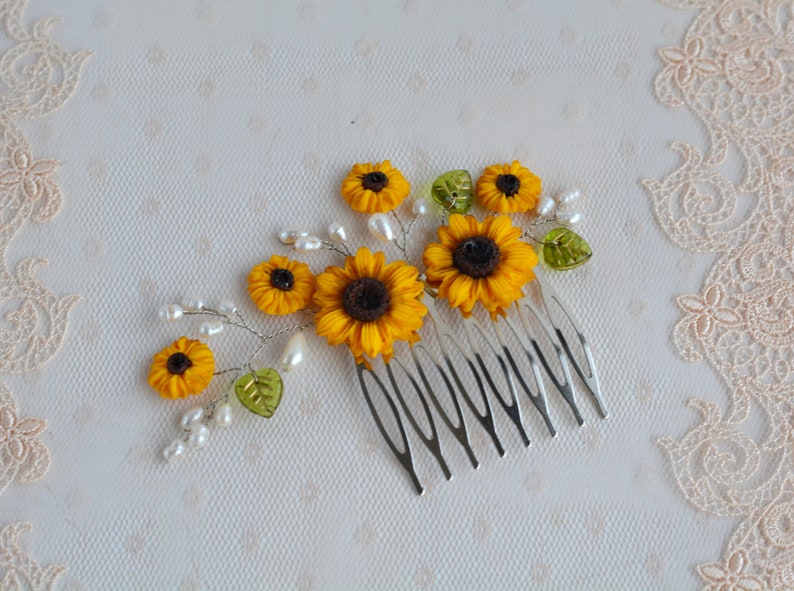 Sunflower hair comb Wedding Bridal Yellow Flowers Pearl Decorative Hair Piece Bridal wedding accessory Hair jewelry floral Bridal headpiece image 2