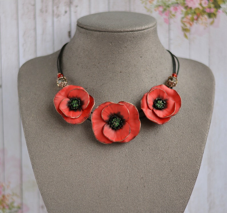 Red Poppy Necklace Statement Poppies Necklace Poppy Jewelry Etsy
