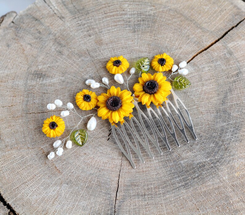 Sunflower hair comb Wedding Bridal Yellow Flowers Pearl Decorative Hair Piece Bridal wedding accessory Hair jewelry floral Bridal headpiece image 5