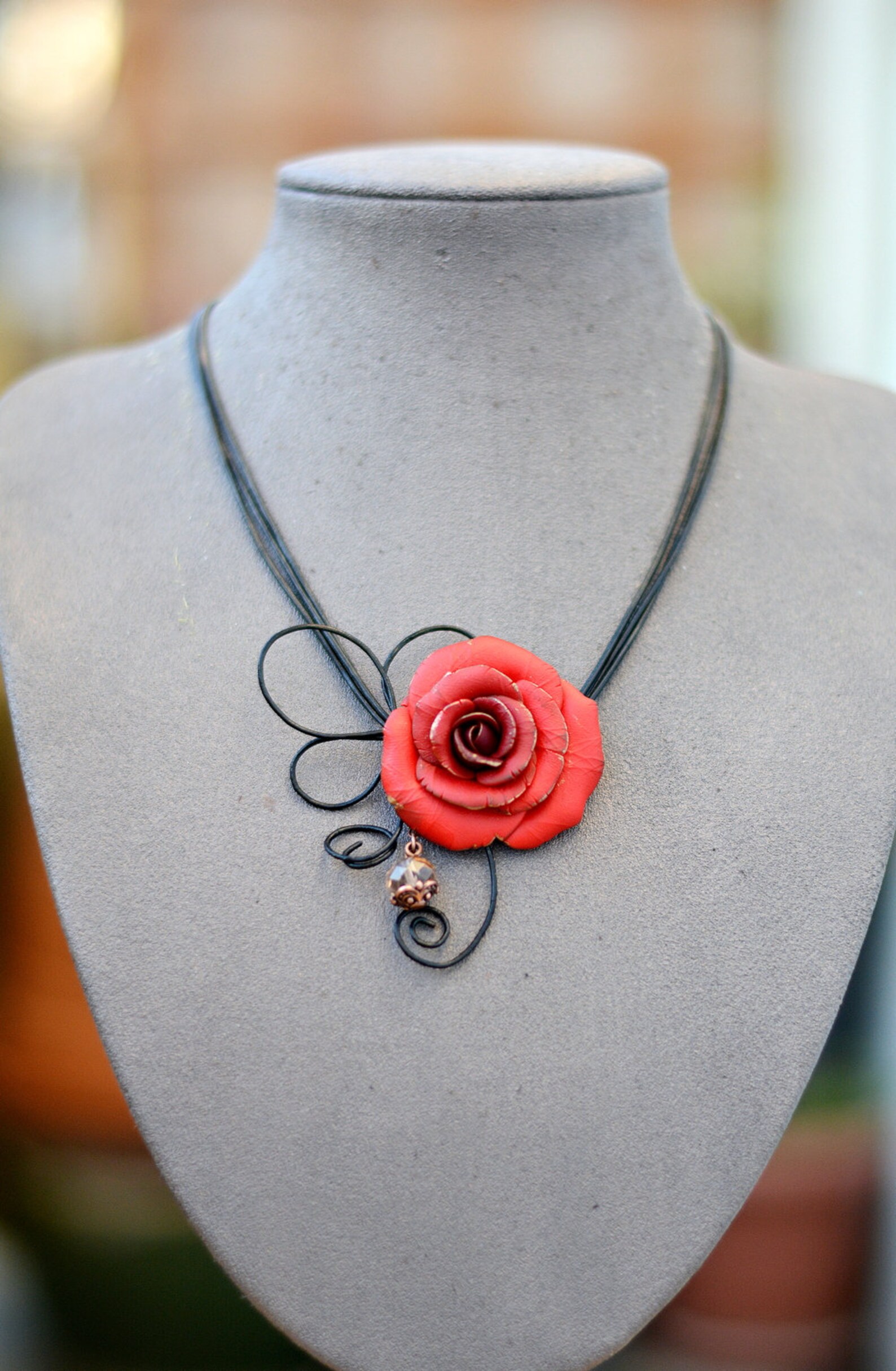 Red Rose Necklace Red Floral Necklace Red Rose Jewelry Set Etsy