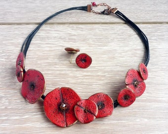 Poppy Necklace, Red Floral Necklace, Stylised Poppy, Art Poppy Necklace, Red Poppy Accessory, Poppy wedding Nature inspired casual necklace