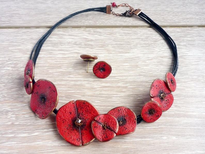 Poppy Necklace, Red Floral Necklace, Stylised Poppy, Art Poppy Necklace, Red Poppy Accessory, Poppy wedding Nature inspired casual necklace image 1