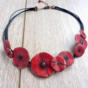 Poppy Necklace, Red Floral Necklace, Stylised Poppy, Art Poppy Necklace, Red Poppy Accessory, Poppy wedding Nature inspired casual necklace image 2