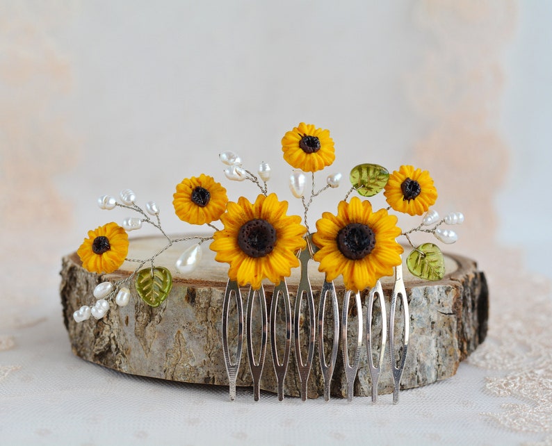 Sunflower Hair Comb Wedding Bridal Yellow Flowers Pearl Etsy