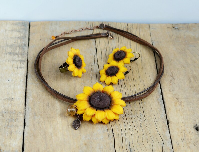 Sunflower jewelry set Sunflower necklace Sunflower earrings Etsy
