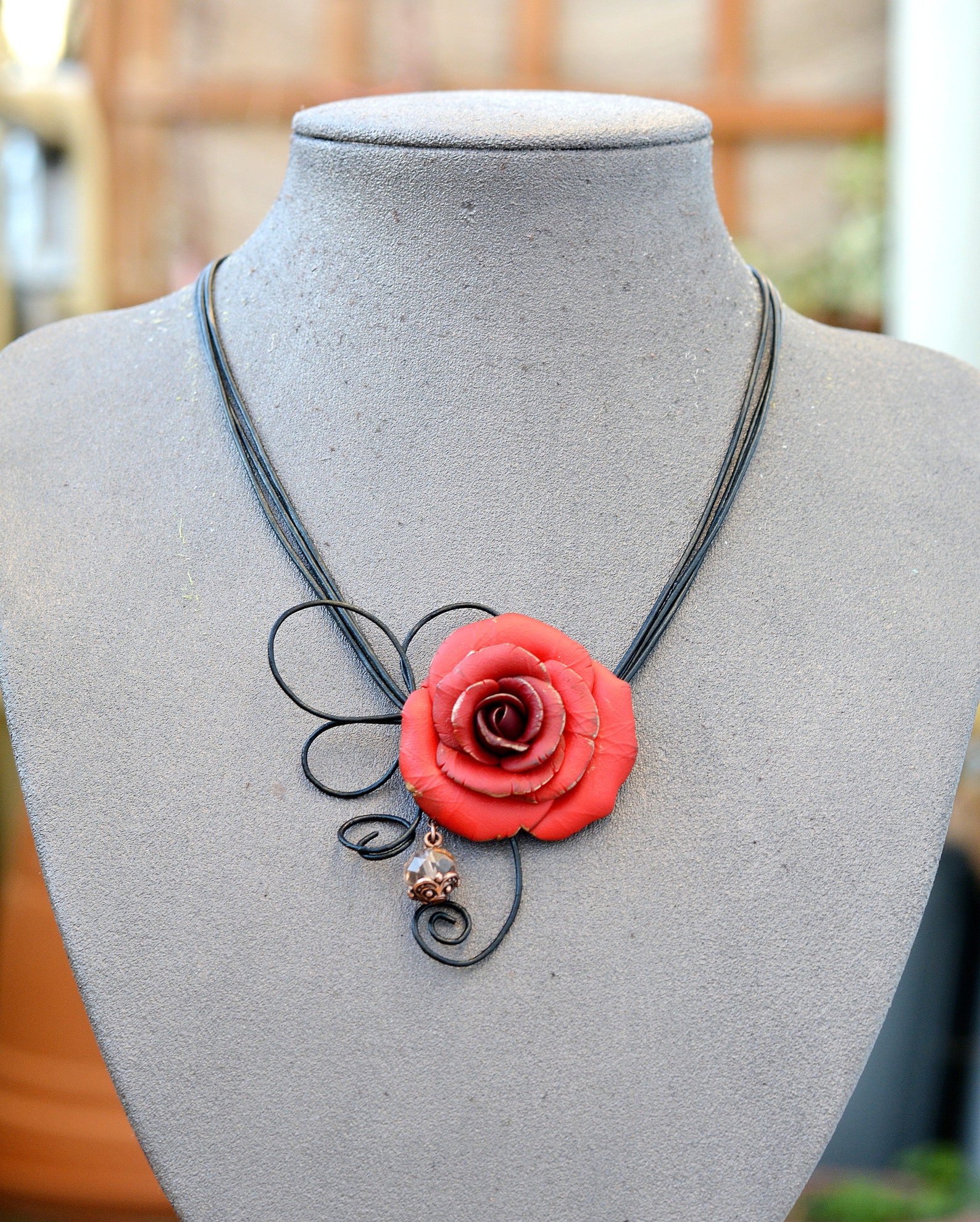 Red Rose Necklace Red Floral Necklace Red Rose Jewelry Set Etsy