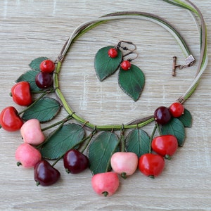 Cherry necklace Red cherries jewelry Boho necklace red Bohemian jewelry Statement fruits Chunky necklace bib Spring fruit jewelry for girls image 7