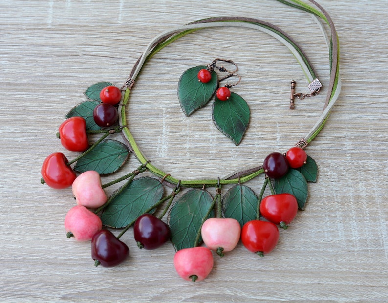 Cherry Necklace Red Cherries Jewelry Boho Necklace Red Etsy