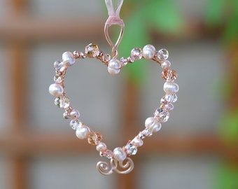 Rose gold pearl crystal heart decoration Christmas heart ornament Christmas tree heart figure accent pink Love heart gift Friendship gift