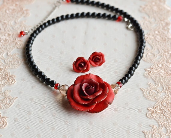 Statement Beaded Necklace Red Rose Necklace Red Black Jewelry