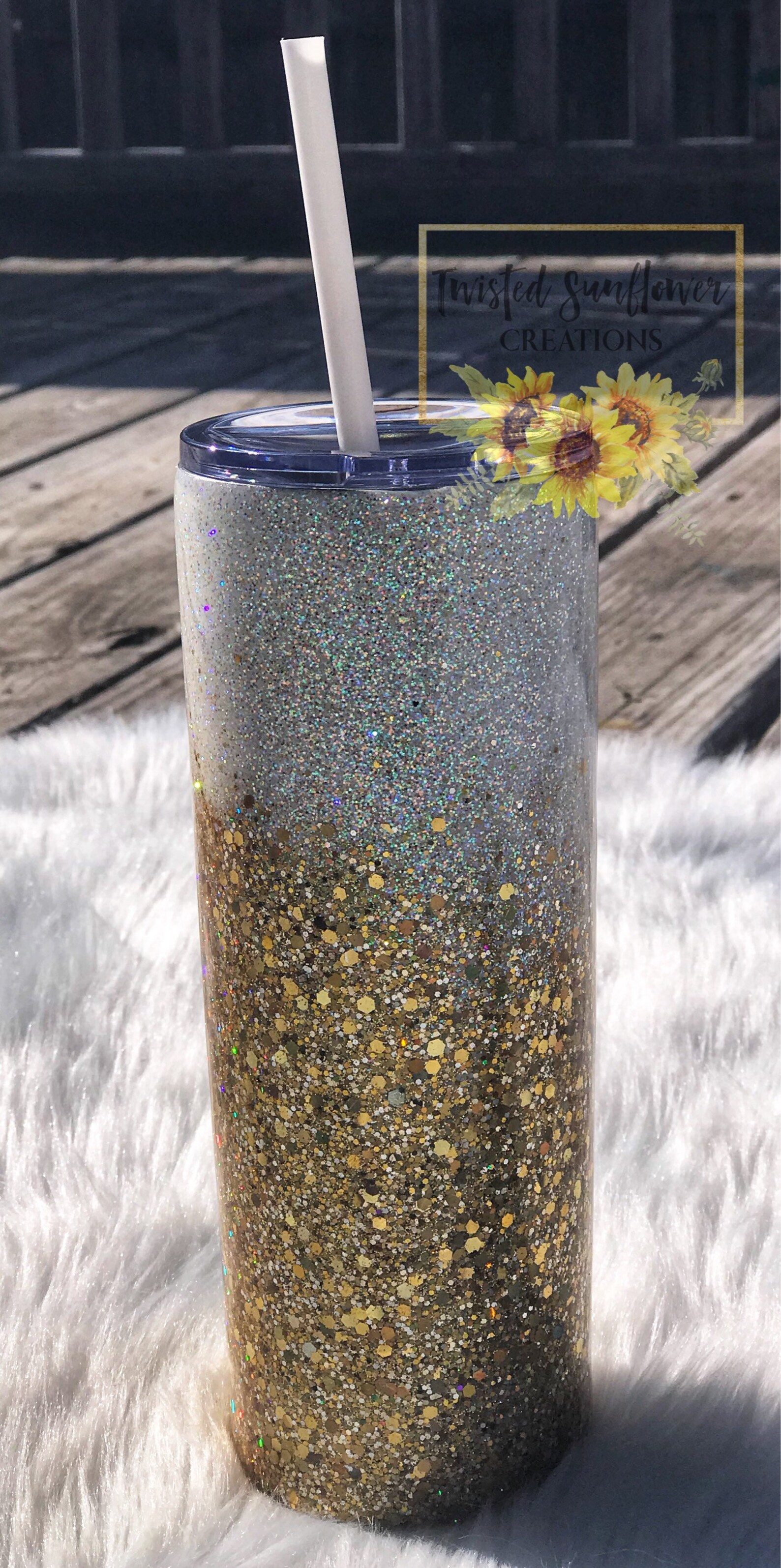 White and Gold Glitter Tumbler with Straw Holographic Gold Etsy