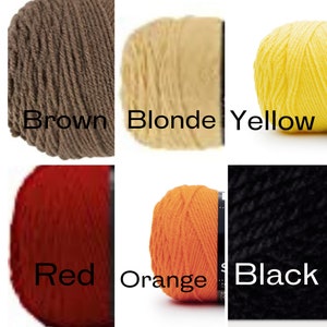 May include: A collection of yarn skeins in various colors, including brown, blonde, yellow, red, orange, and black. Each skein is labeled with its corresponding color name in white text. Ideal for knitting and crochet projects.