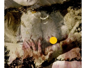 May include: Abstract artwork featuring a layered composition with a vintage aesthetic. The image incorporates faded grayscale portraits, overlaid with textured, distressed elements and a bright yellow circle. The color palette includes muted tones of beige, brown, and pink.