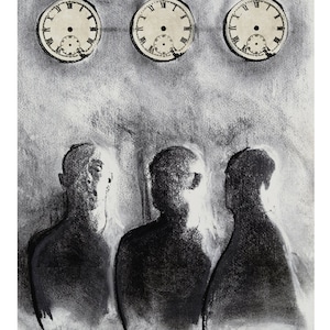 Puede incluir: Un dibujo en blanco y negro de tres figuras de pie frente a tres relojes. Los relojes son redondos y tienen números romanos. Las figuras están parcialmente oscurecidas por un fondo brumoso.