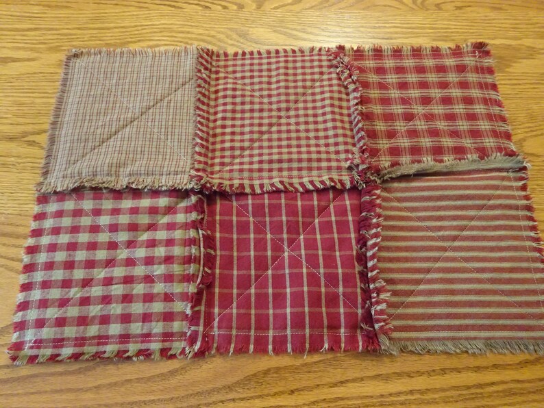 Set of 6 Red Homespun Rag Placemats Rag Quilt Placemat Set Etsy