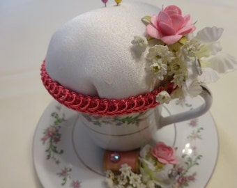 Teacup Pincushion,  Re purposed Teacup Pincushion, Teacup With Flowers,  Gift For Sewer, Pincushion, Sewing Room Decor, Gift For Quilter