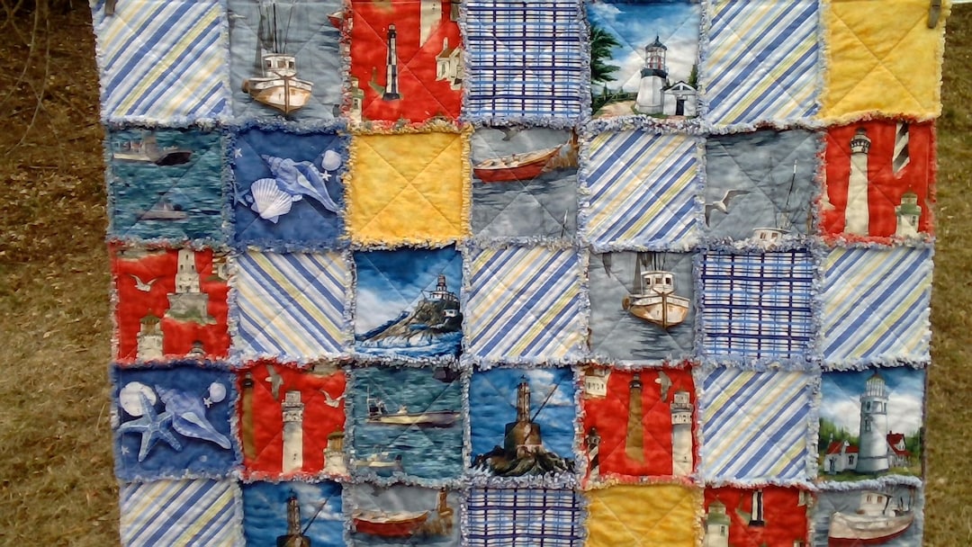Nautical Theme Rag Quilt, Lighthouse Rag Quilt, Wheelchair Blanket, Lap ...