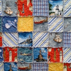 Nautical Theme Rag Quilt, Lighthouse Rag Quilt, Wheelchair Blanket, Lap Throw, Rag Quilt Sofa Throw, Patchwork Quilt, Small Rag Quilt