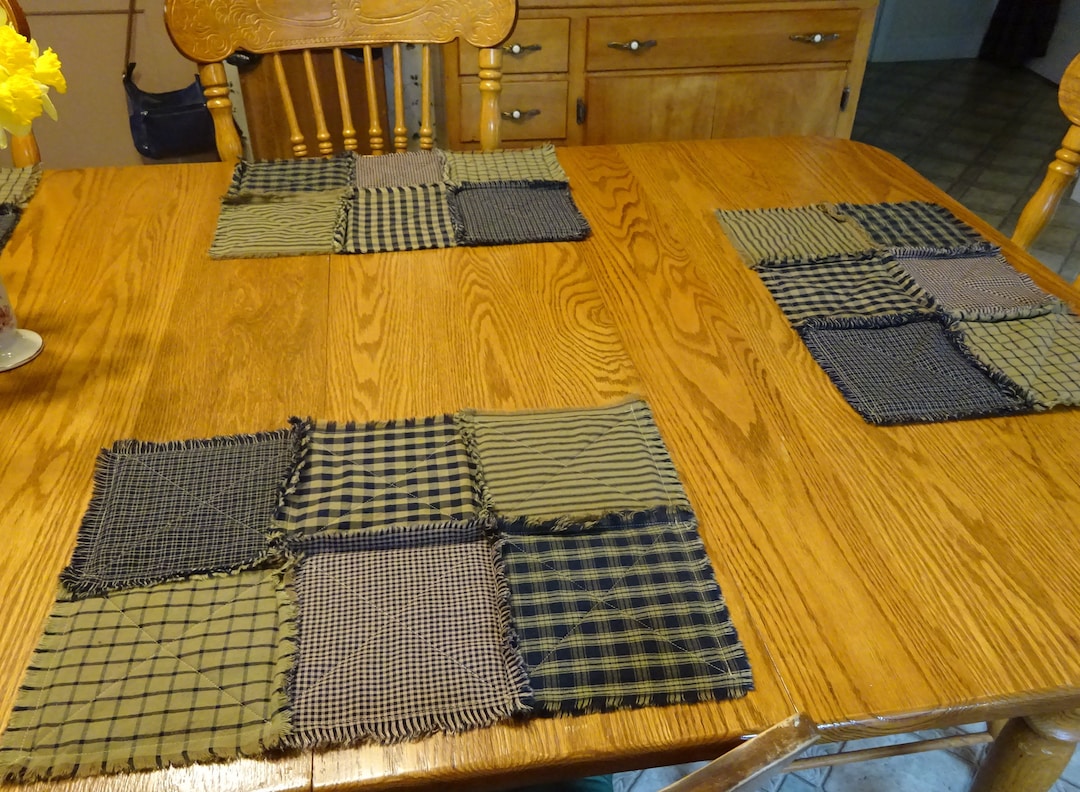 Blue Homespun Placemats, 6 Rag Quilt Placemats, Table Mats, Rag