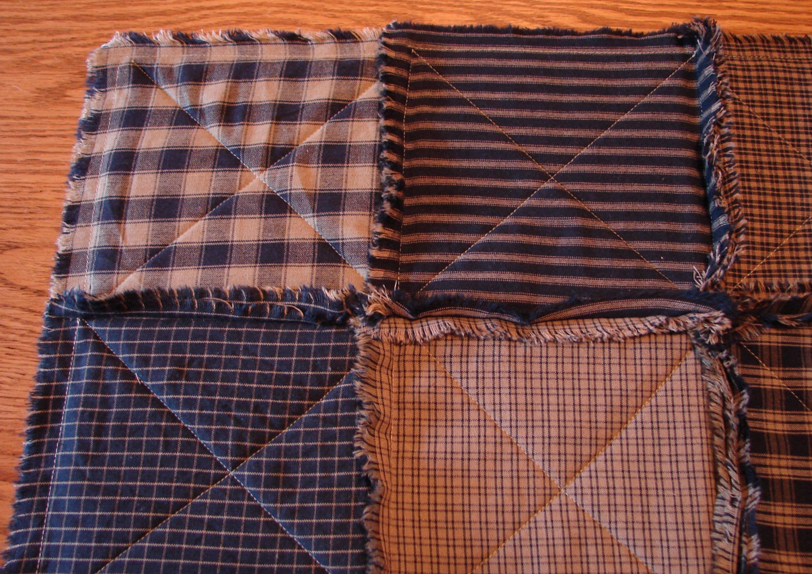 Blue Homespun Placemats, 6 Rag Quilt Placemats, Table Mats, Rag