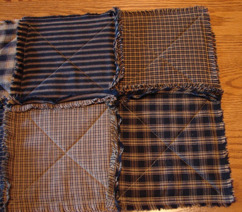 Blue Homespun Placemats, 6 Rag Quilt Placemats, Table Mats, Rag