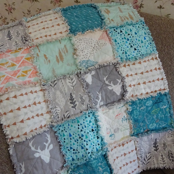 Rag Quilt, Baby Rag Quilt, Deer Rag Quilt, Lap Throw, Sofa Throw, Crib Rag Quilt, Patchwork Rag Quilt, Gender Neutral Baby Gift