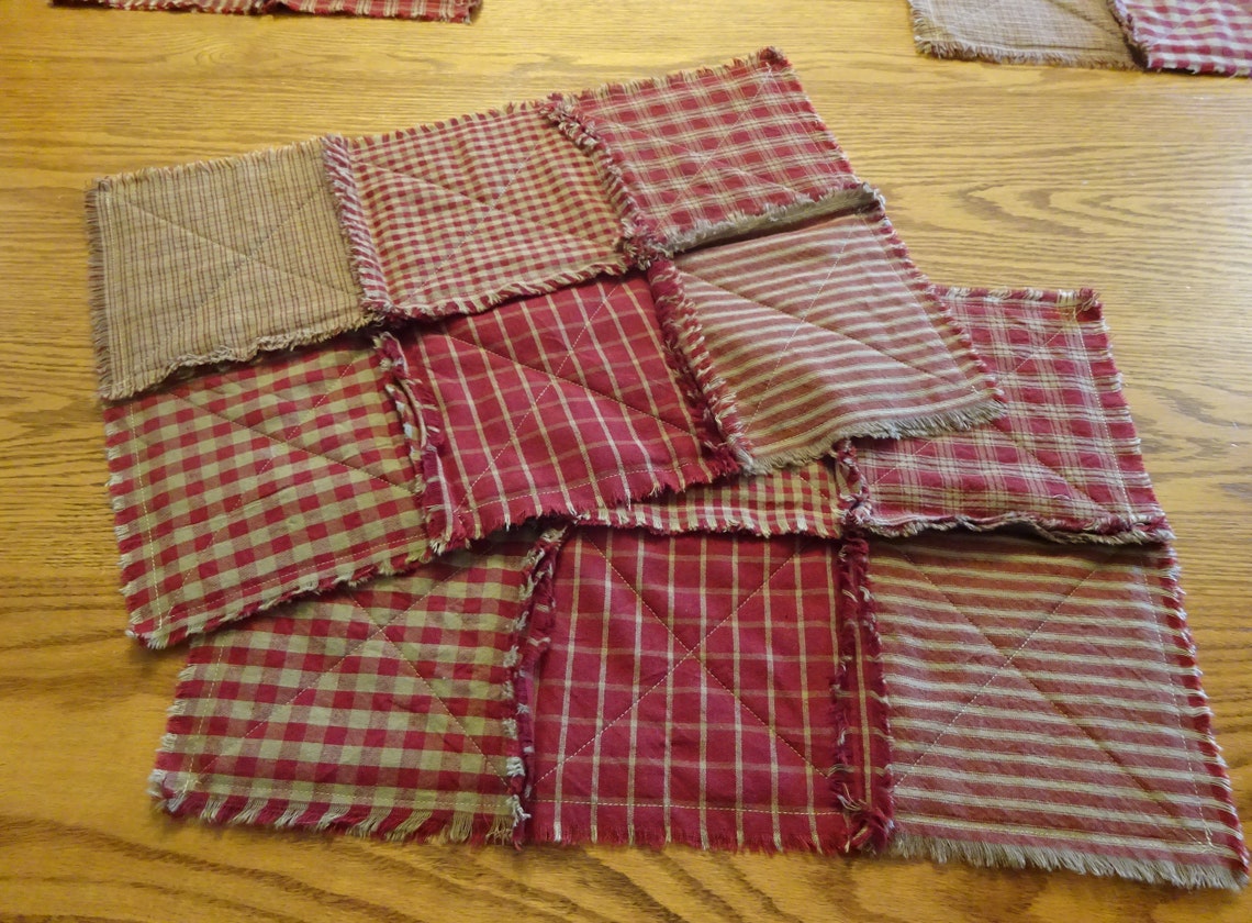 Set of 6 Red Homespun Rag Placemats Rag Quilt Placemat Set Etsy
