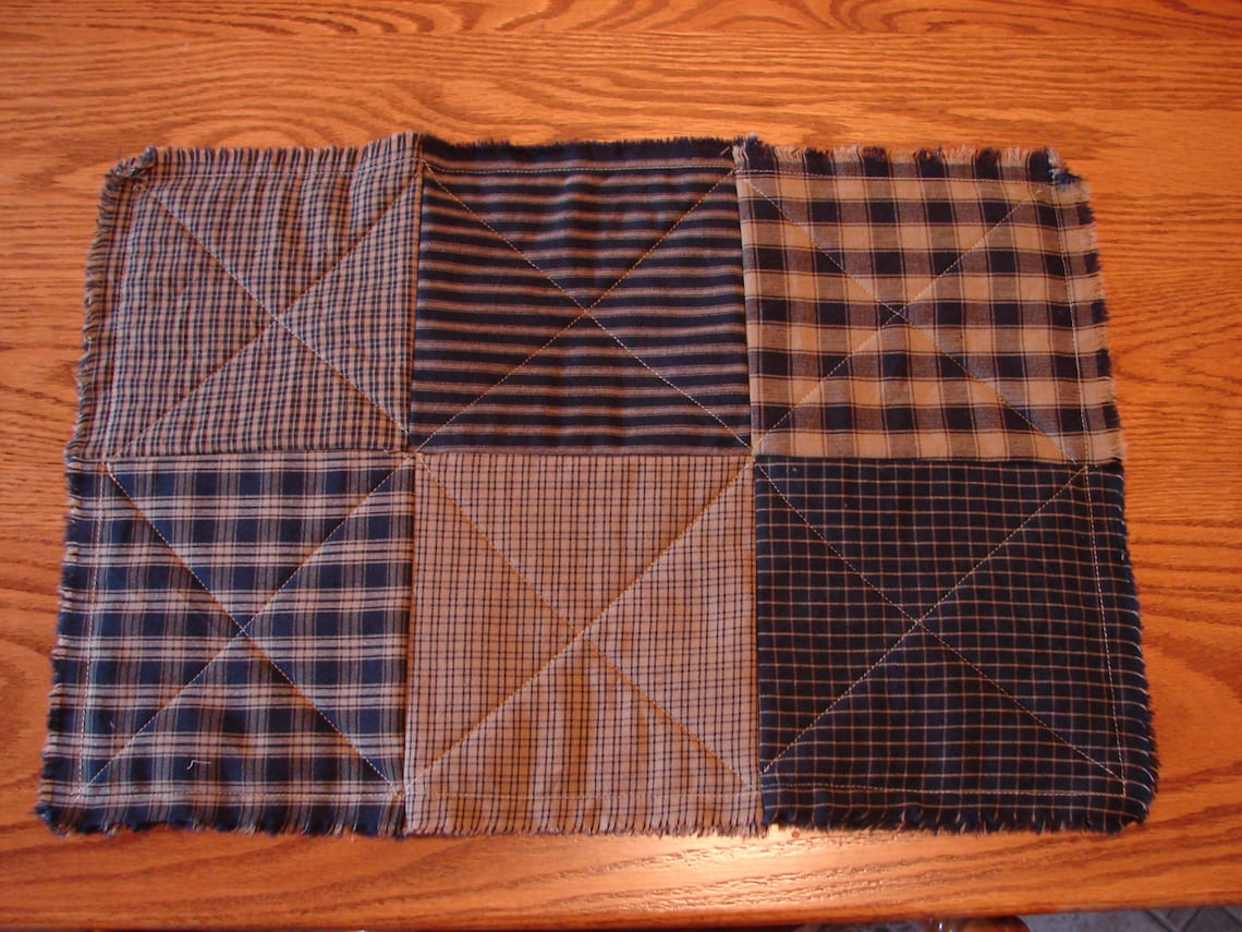 Blue Homespun Placemats, 6 Rag Quilt Placemats, Table Mats, Rag