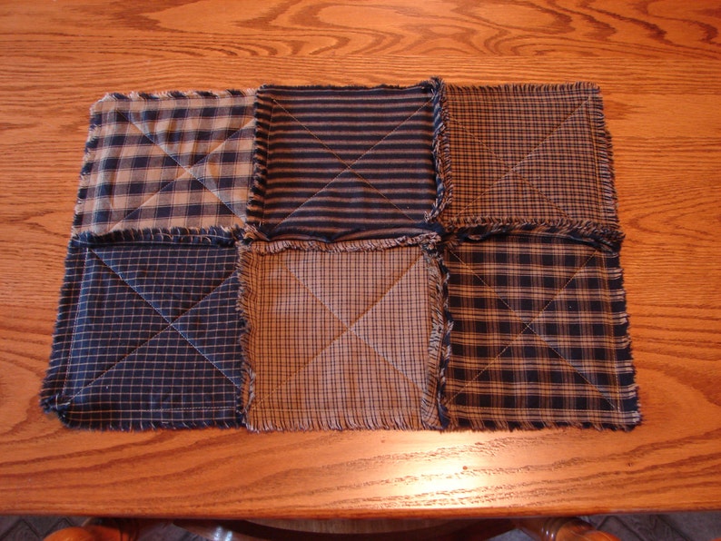 Blue Homespun Placemats, 6 Rag Quilt Placemats, Table Mats, Rag