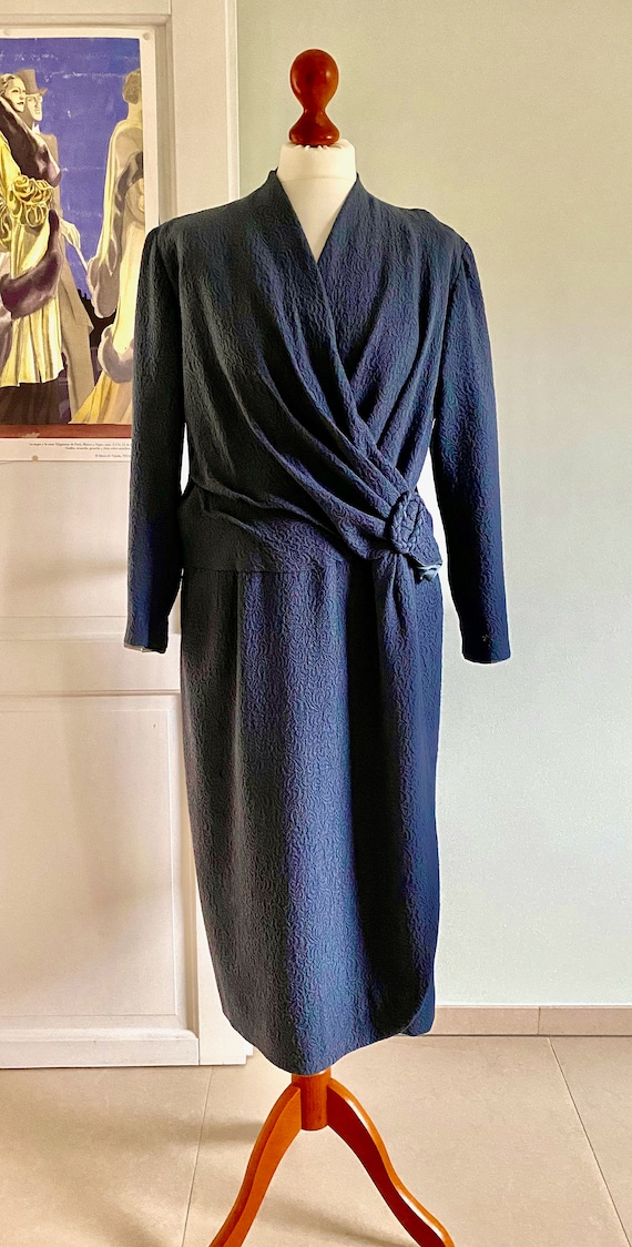 Orginal Vintage Dress Blue Crepes 30s 40s Sunday D