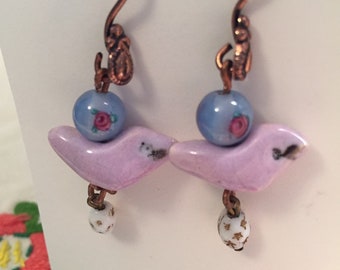 Sweet periwinkle and lavender ceramic handmade bird earrings with vintage beads