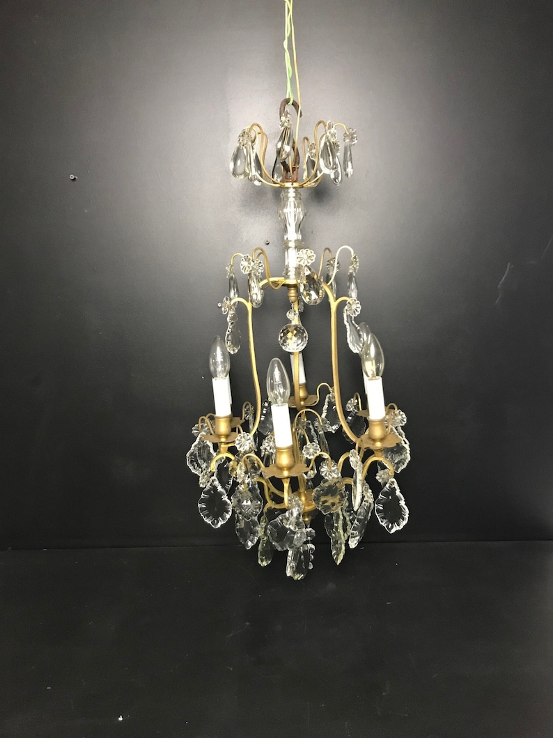 French shabby chic brass Romantic with cristal and glass drops and class central piece Large Vintage French chandelier with pendants