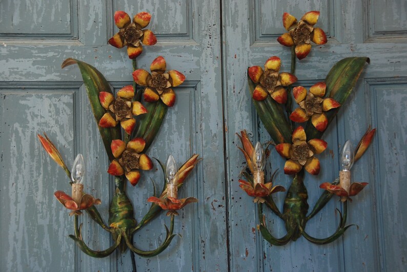 2 Large Tole Wall Sconces Leaves Fruit Italian 1960 Two Etsy