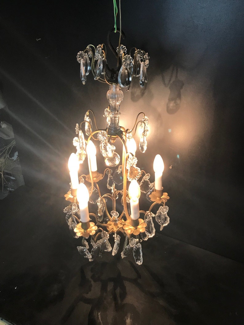 French shabby chic brass Romantic with cristal and glass drops and class central piece Large Vintage French chandelier with pendants