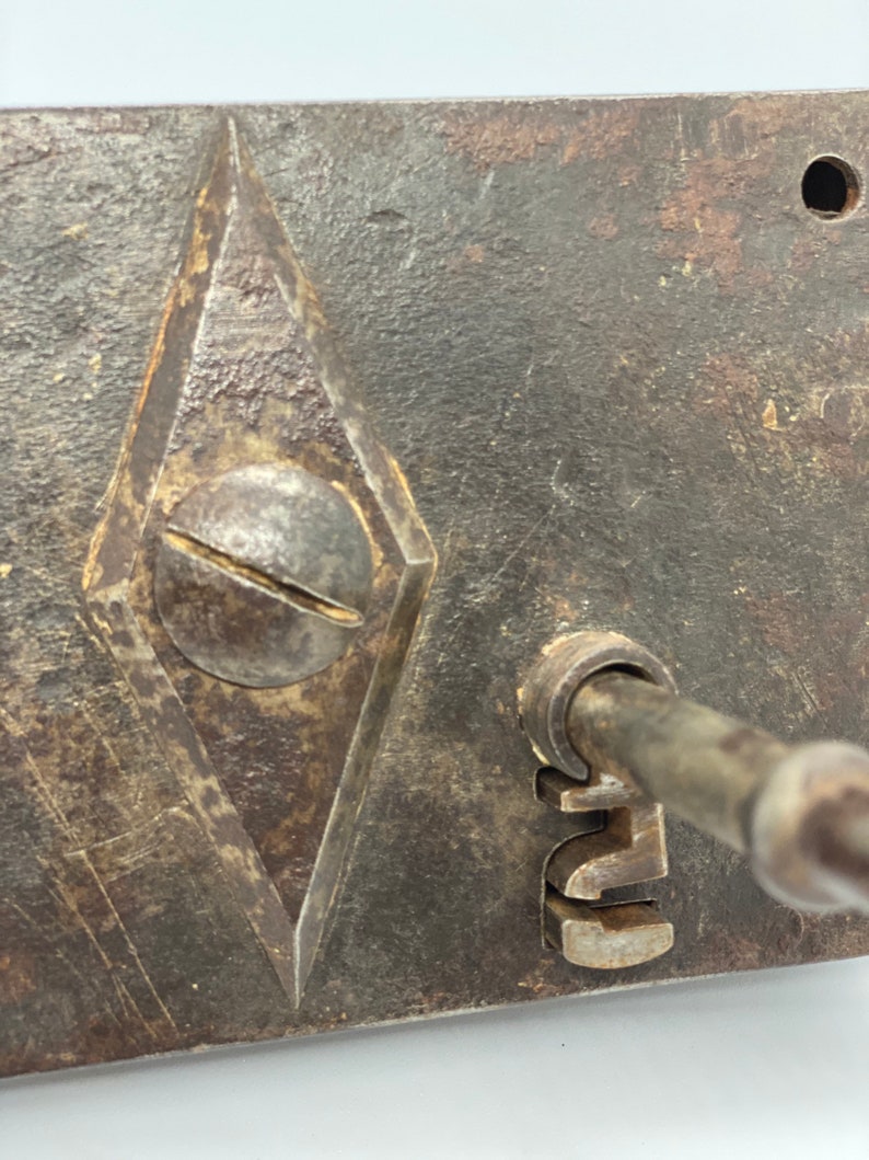 This could easily be installed on a door as fully functional Very chunky antique door lock complete with key French Key 5 13 inches
