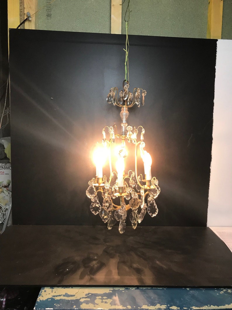 French shabby chic brass Romantic with cristal and glass drops and class central piece Large Vintage French chandelier with pendants