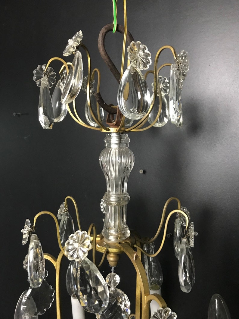 French shabby chic brass Romantic with cristal and glass drops and class central piece Large Vintage French chandelier with pendants