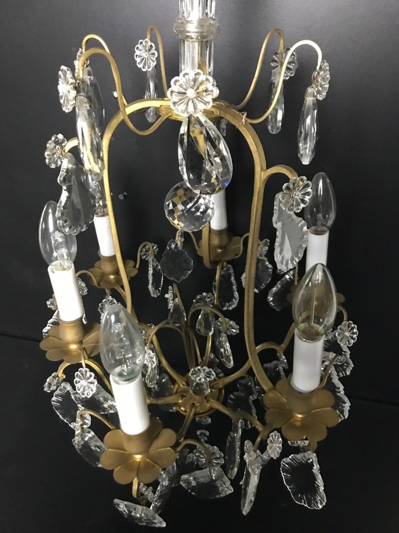 French shabby chic brass Romantic with cristal and glass drops and class central piece Large Vintage French chandelier with pendants