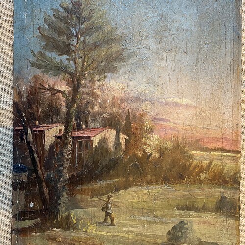 Vintage French oil shops painting on wooden board, fisherman on coast, provence. Early 20th Century, nice patina, signature illegible