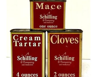 Schilling  Spice Tins 3 VTG Cloves Cream Tartar Mace Schilling Co San Francisco
