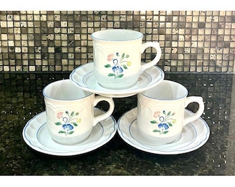 Set of 3 Floral Expressions Japan Stoneware Flat Cup & Saucer Set