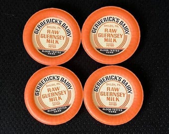 4 tapas de botellas de leche vintage Gerberick's Dairy Leche cruda Guernsey Shiloh Pensilvania
