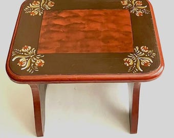 Vintage Hand Painted Folk Art Wooden Foot Stool Singed Bernelle 1980