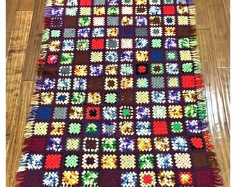 VTG Granny Square 39"X 58" Crochet Afghan Throw Blanket Colorful Fringe  "AS IS"