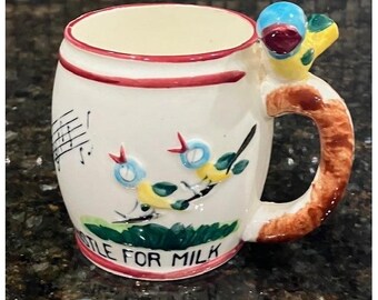 Vintage "Whistle For Milk" Ceramic Birds Singing Child's Mug Sonsco Japan